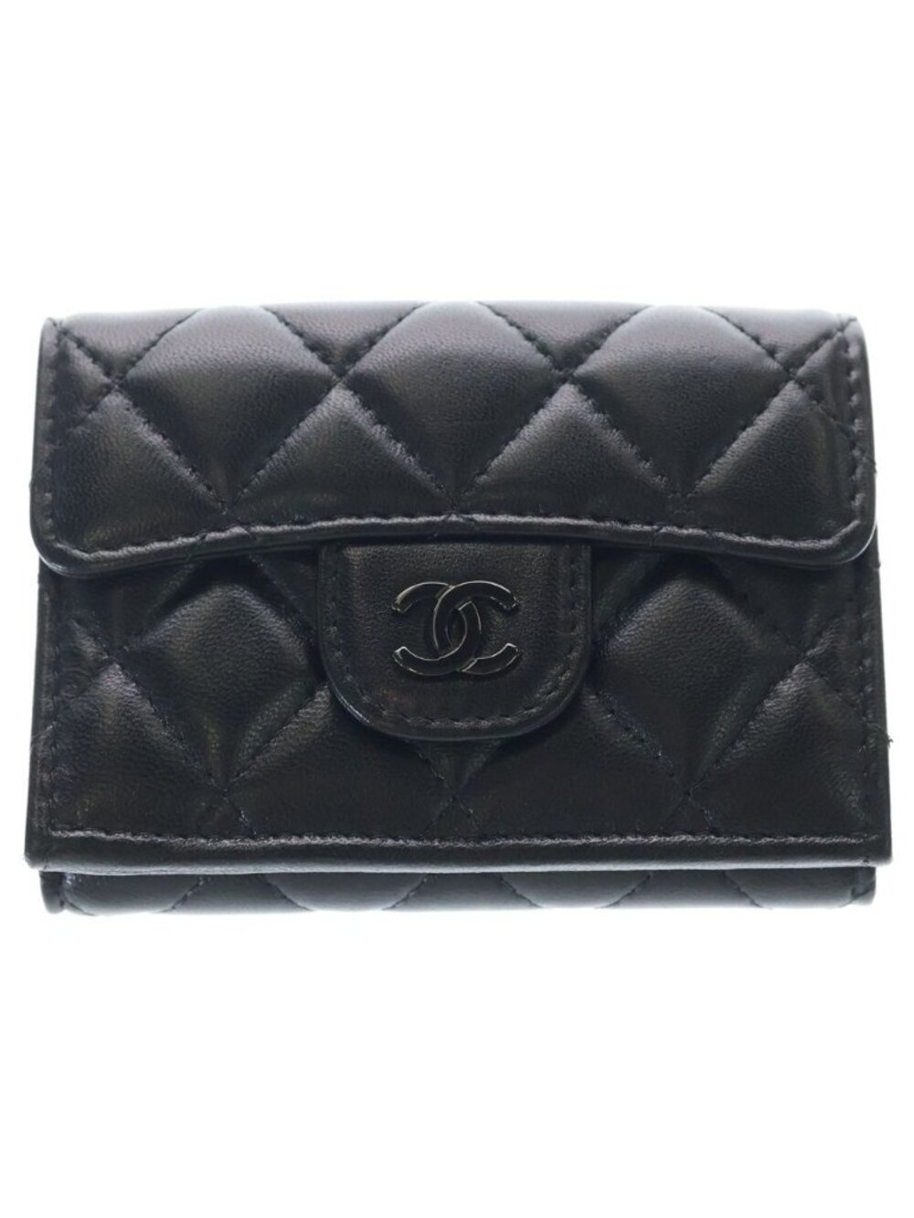 Chanel Quilted Trifold Wallet Compact Coin Purse Thor Black Lambskin